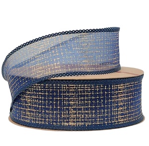 Лента дизайнерская с золотым напылением 40mm*10 ярд тёмно-синий