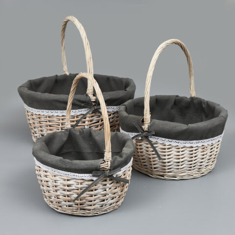 Корзины из ивы 43*43*20/44, 35*35*17,5/39, 27*27*15/34, 3шт, круг, с тканью, беленый