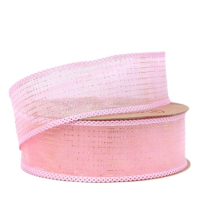 Лента дизайнерская с золотым напылением 40mm*10 ярд розовый