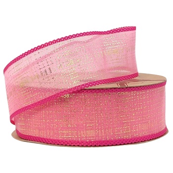 Лента дизайнерская с золотым напылением 40mm*10 ярд фуксия