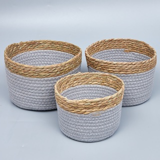 Корзины плетеные 25*15 B21, 20*14 B18, 18*12 B15, 3шт, рогоз/текстиль, серый