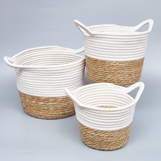 Корзины плетеные 30*23 B25, 25*20 B21, 22*17 B16, 3шт, рогоз/текстиль, белый