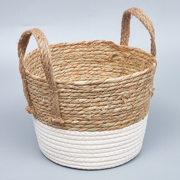 Корзина плетеная 24*19 B20, рогоз/текстиль, натуральный/белый