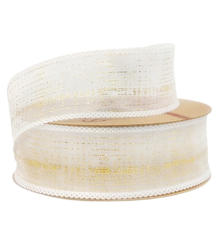 Лента дизайнерская с золотым напылением 40mm*10 ярд белый