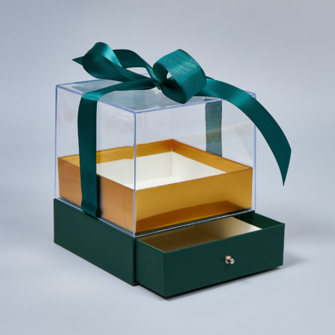 Коробка акриловая подарочная с ящиком и крышкой, 14,5*14,5*16,5, зелёный