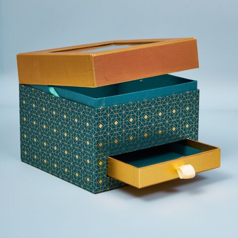 Коробка подарочная с прозрачной крышкой и ящичком, 19x19x16.5cm, изумрудный