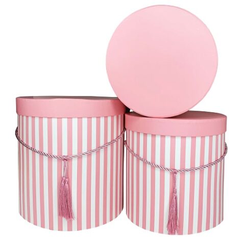Набор шляпных коробок 3шт ПОЛОСА розовыйL.24.5x25.5cm M.21.5x22.5cm S.19.5x19.5cm