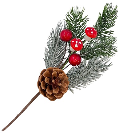 Ветка 20см. еловая с ягодами, грибами и шишкой заснеженная