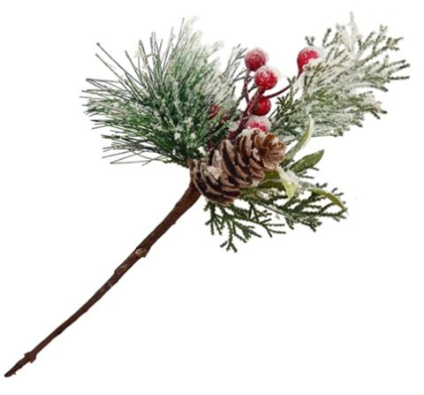 Ветка 32см. с ягодами, шишкой и листом заснеженная