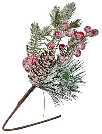 Ветка 36см. еловая с ягодами, яблоком и шишкой заснеженная