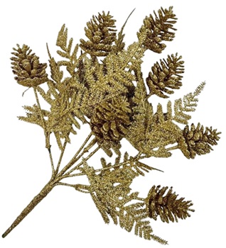 Ветка 30см. с шишками с глиттером, золотой