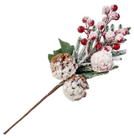 Ветка 35см. с ягодами, яблоком и 2 шишки заснеженная