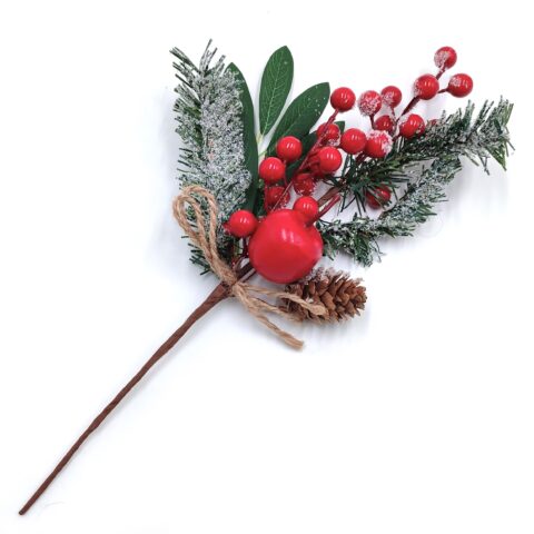 Ветка 34см. еловая заснеженная с ягодами, яблоком и шишкой