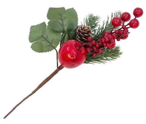 Ветка 26см. еловая с ягодами, яблоком и шишкой заснеженная