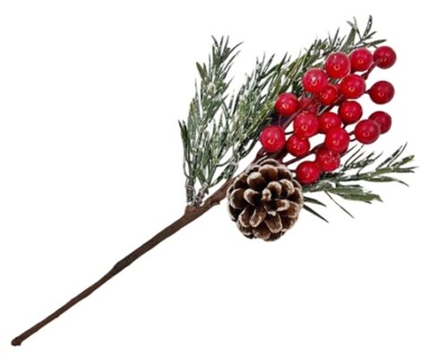 Ветка 30см. еловая с ягодами и с шишкой  заснеженная