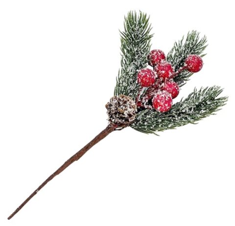 Ветка 20см. еловая с ягодами и шишкой заснеженная