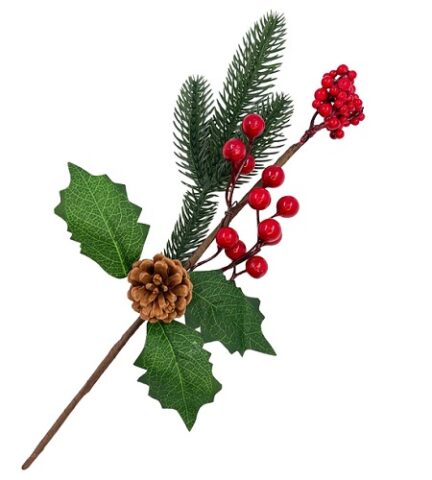 Ветка 32см. еловая с ягодами и шишкой заснеженная