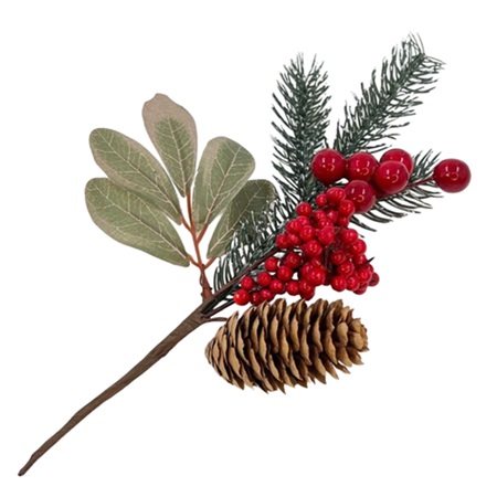Ветка 26см. еловая с ягодами и с шишкой заснеженная